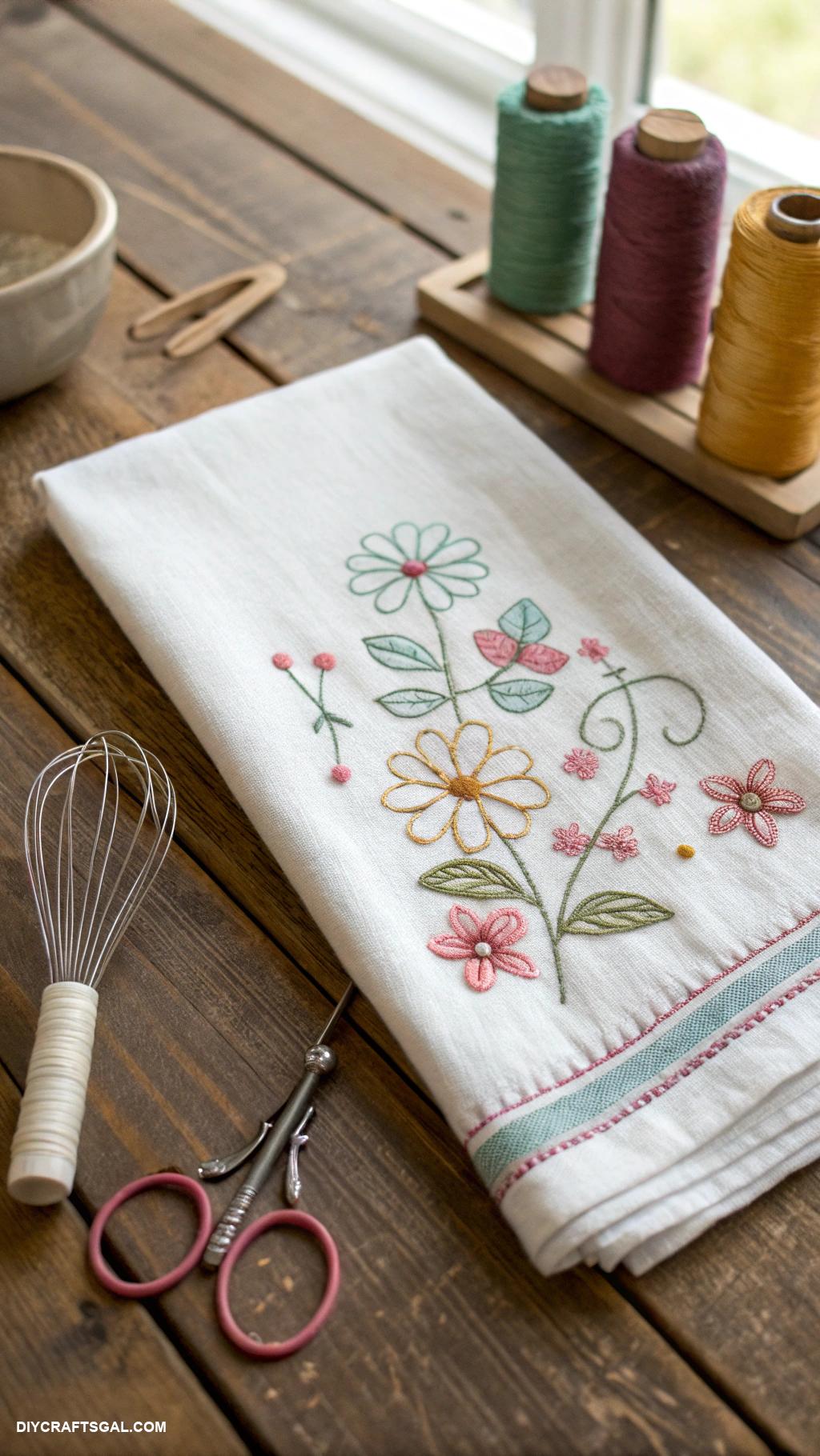 beginner sewing projects Custom tea towels with simple embroidery