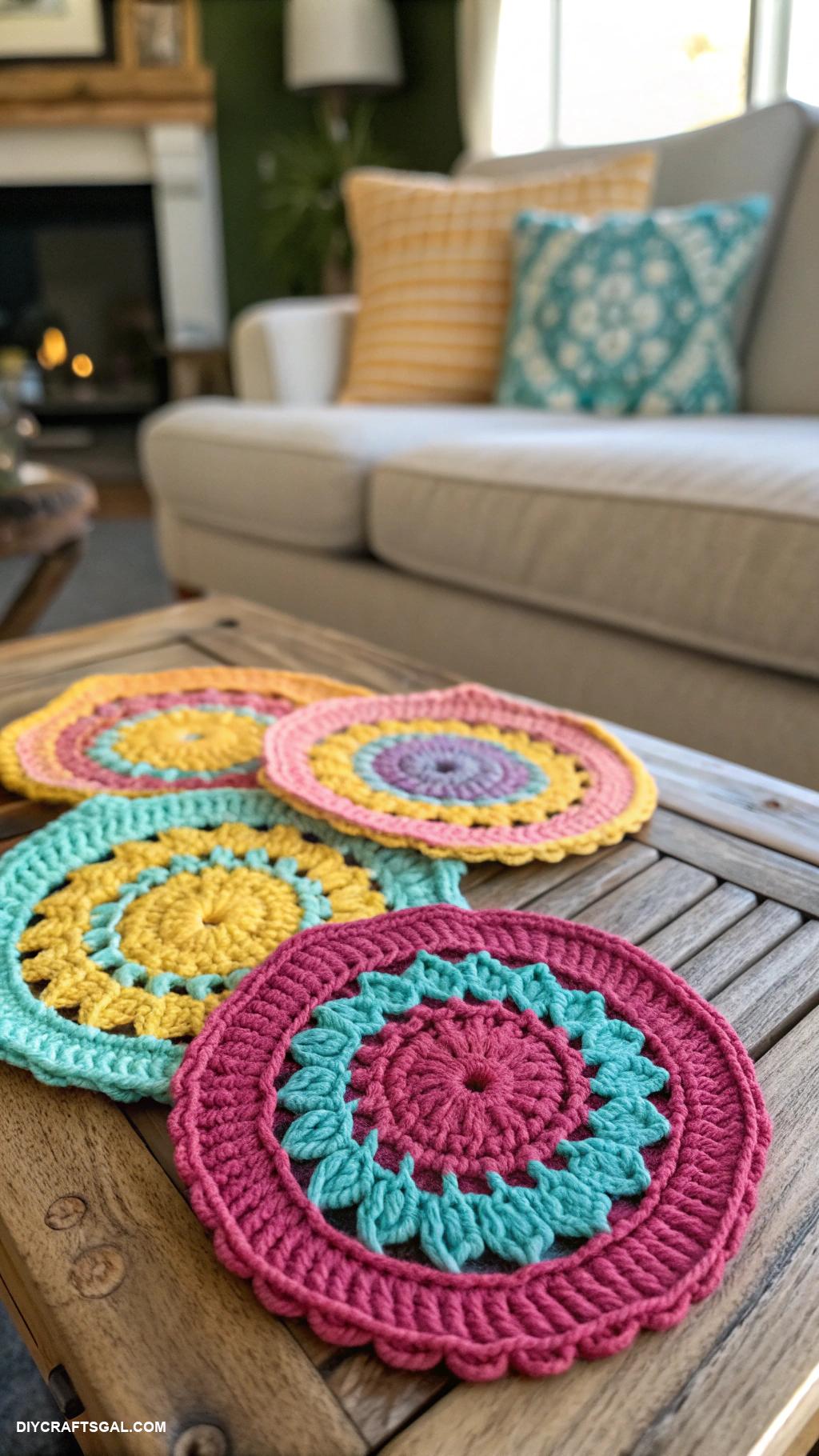crochet ideas Colorful crochet coasters for coffee tables