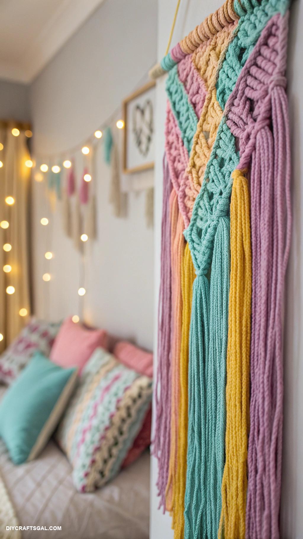 diy bedroom decor ideas Colorful yarn wall hanging decoration