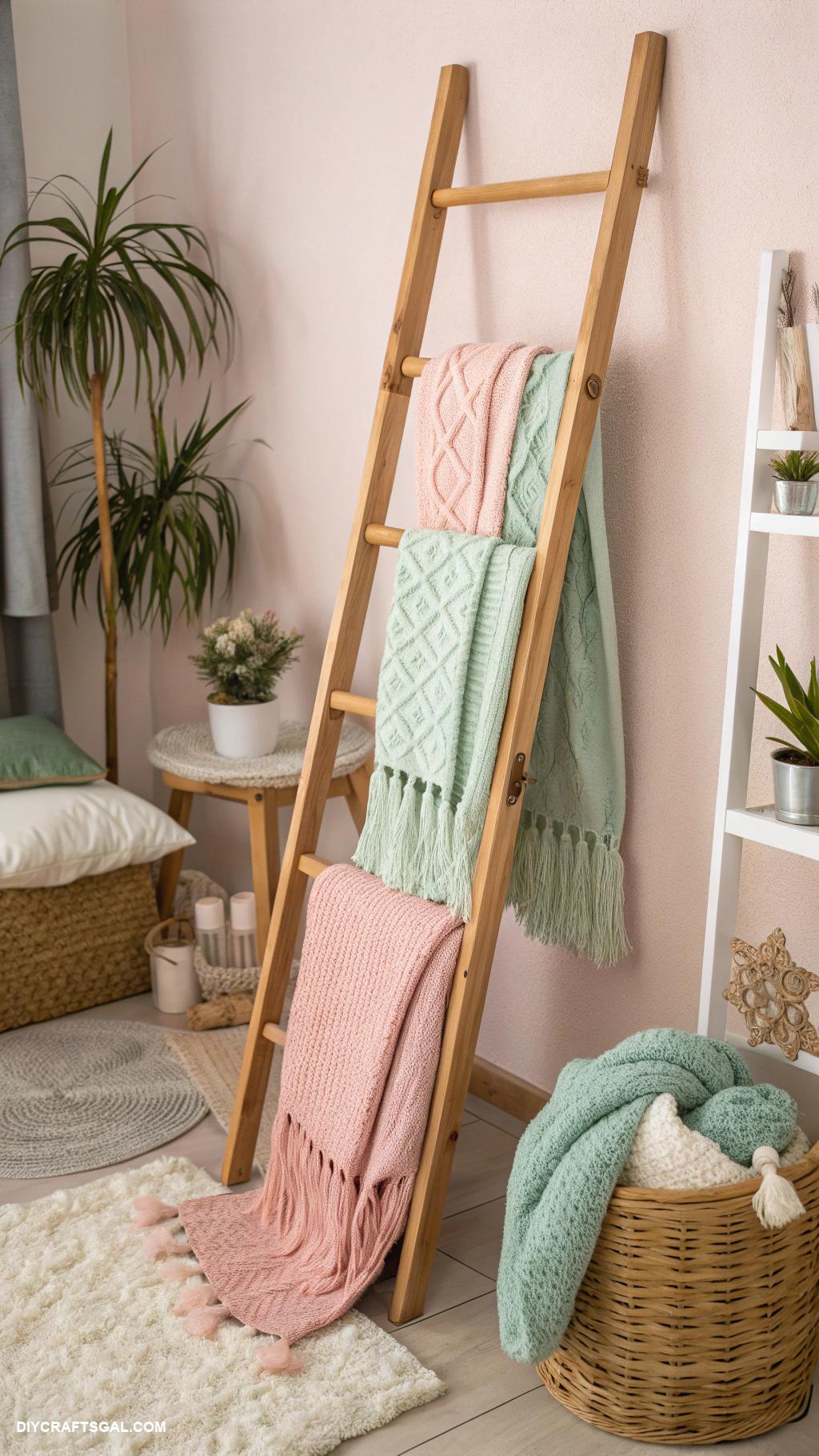 diy bedroom decor ideas Painted wooden ladder for blankets