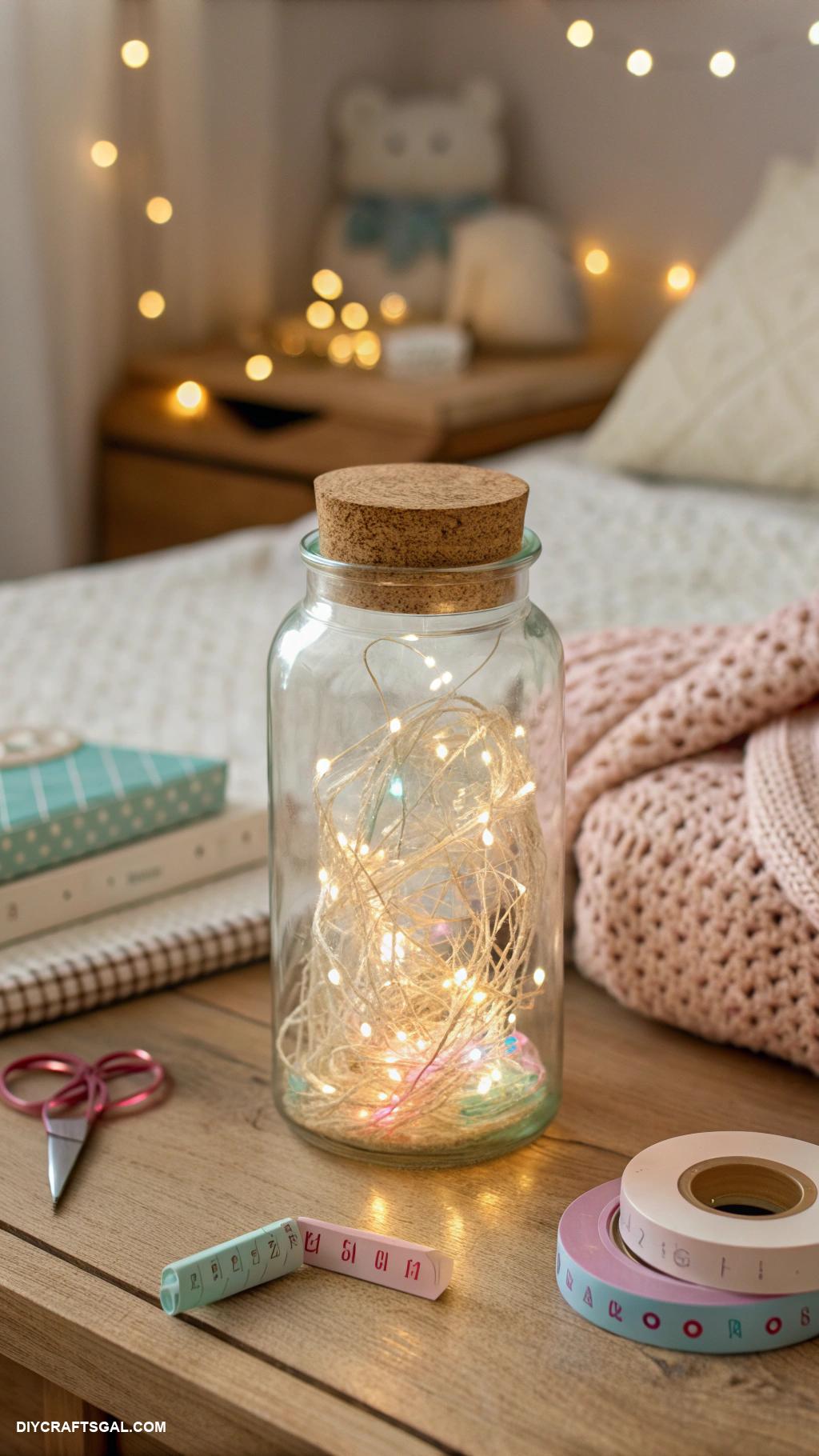 diy bedroom decor ideas Twinkling fairy lights in a glass jar