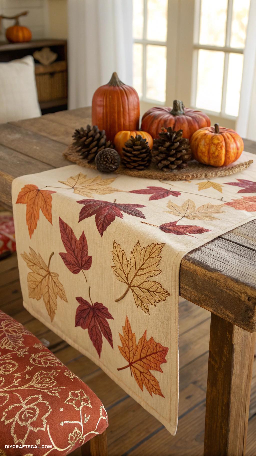 diy fall crafts Leaf printed table runner for festive tablescapes