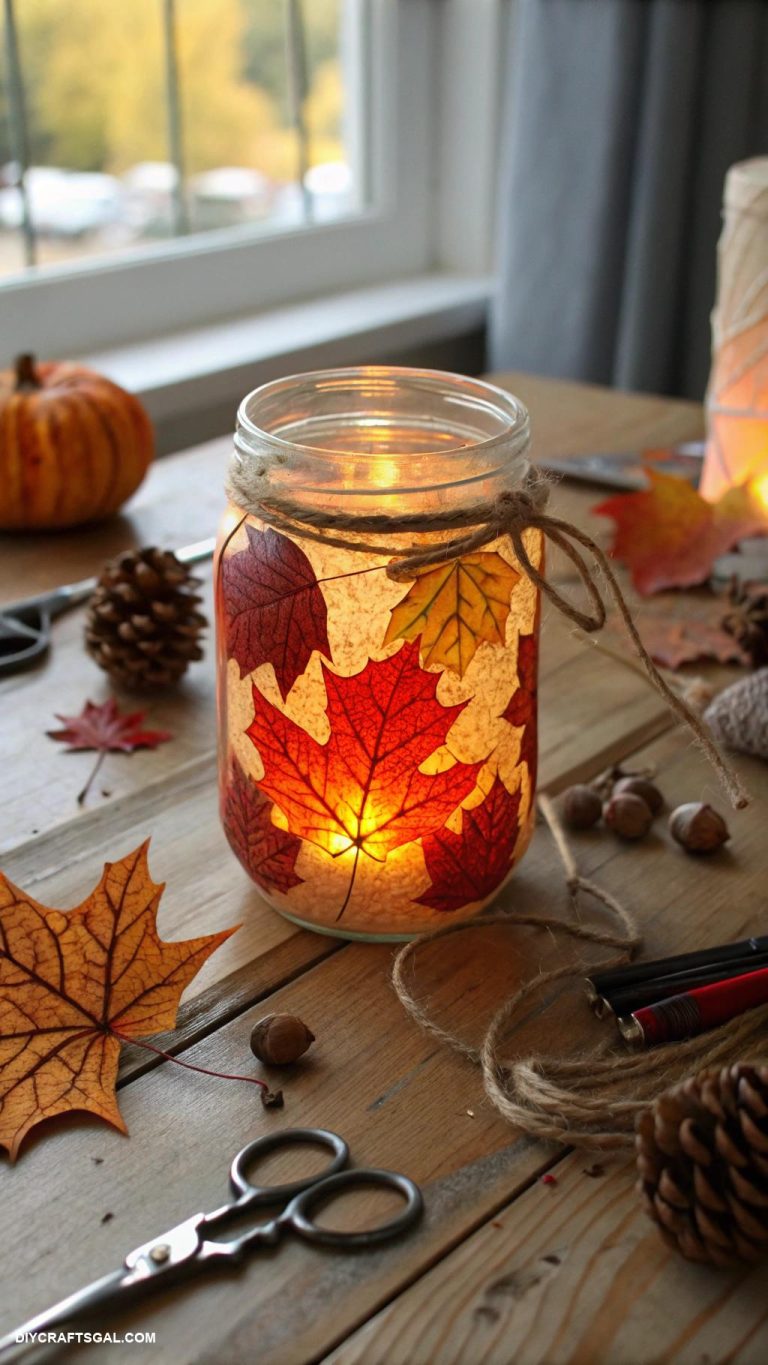 diy fall crafts Mason jar candle holders with fall leaves