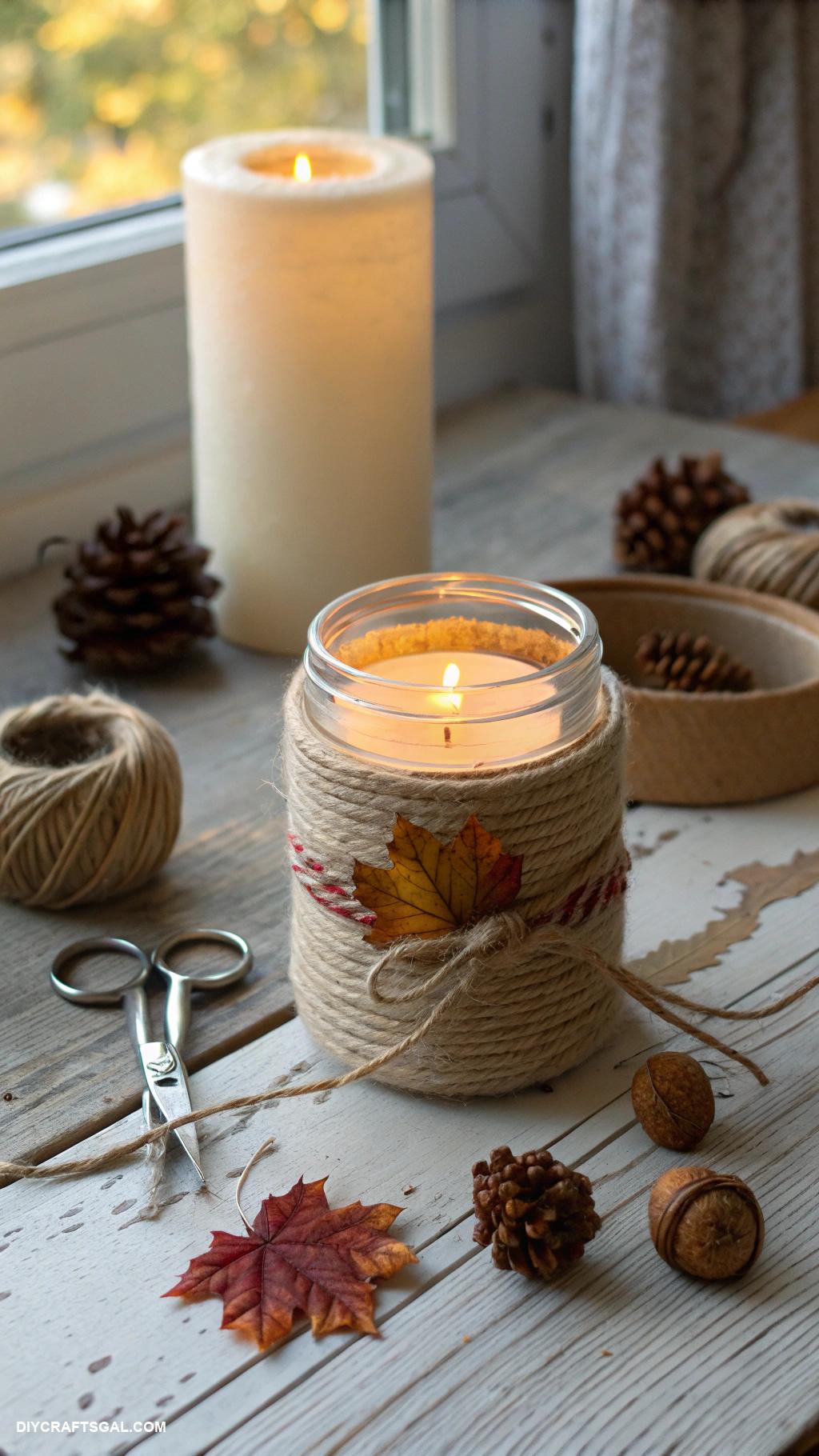 diy fall crafts Twine wrapped candle jars for rustic look