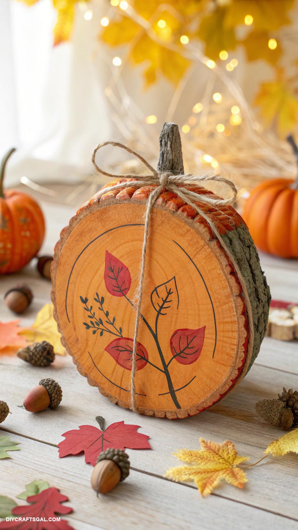 diy halloween decorations Rustic wood slice pumpkin decor
