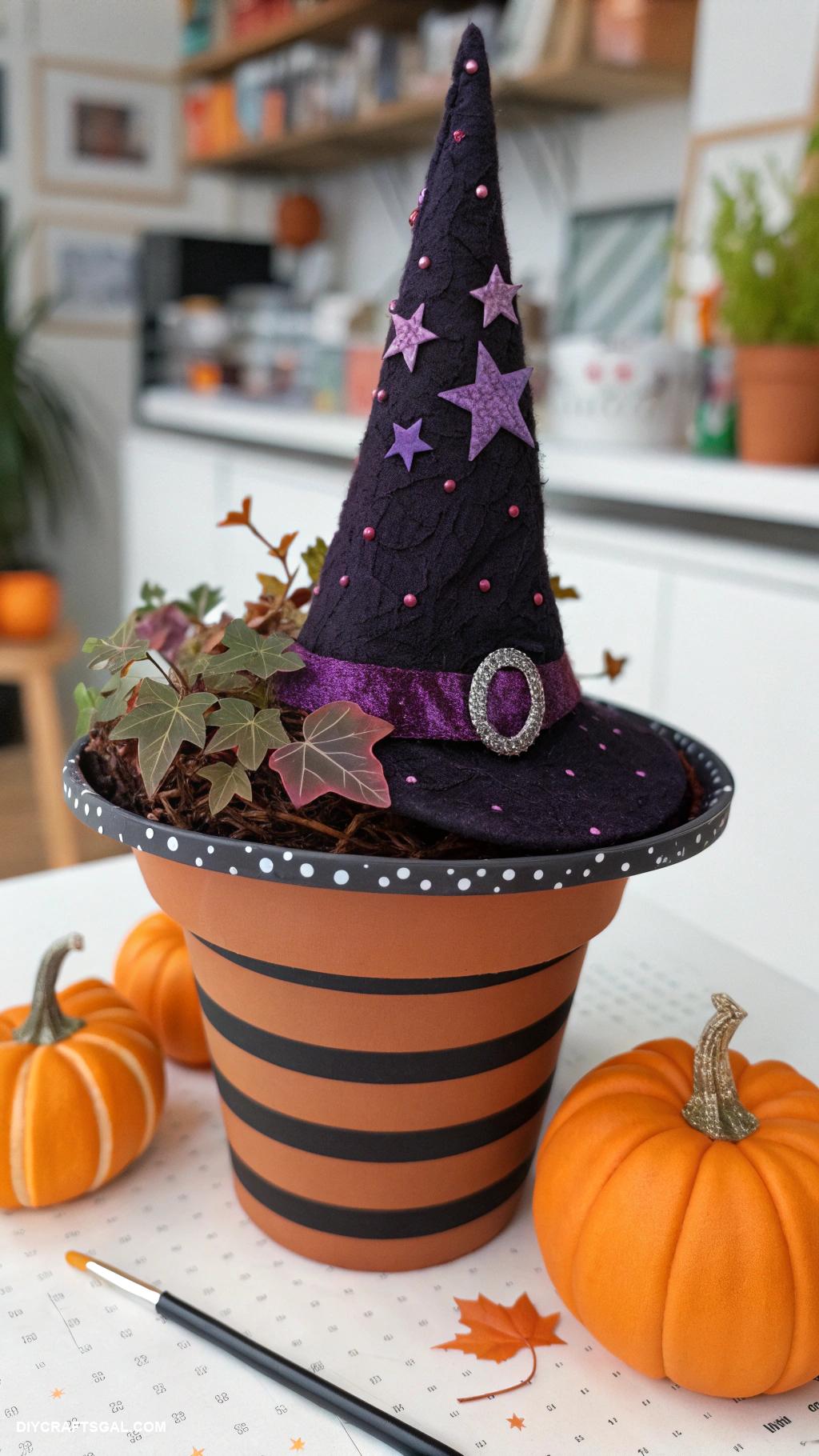 diy halloween decorations Witch hat plant pot toppers