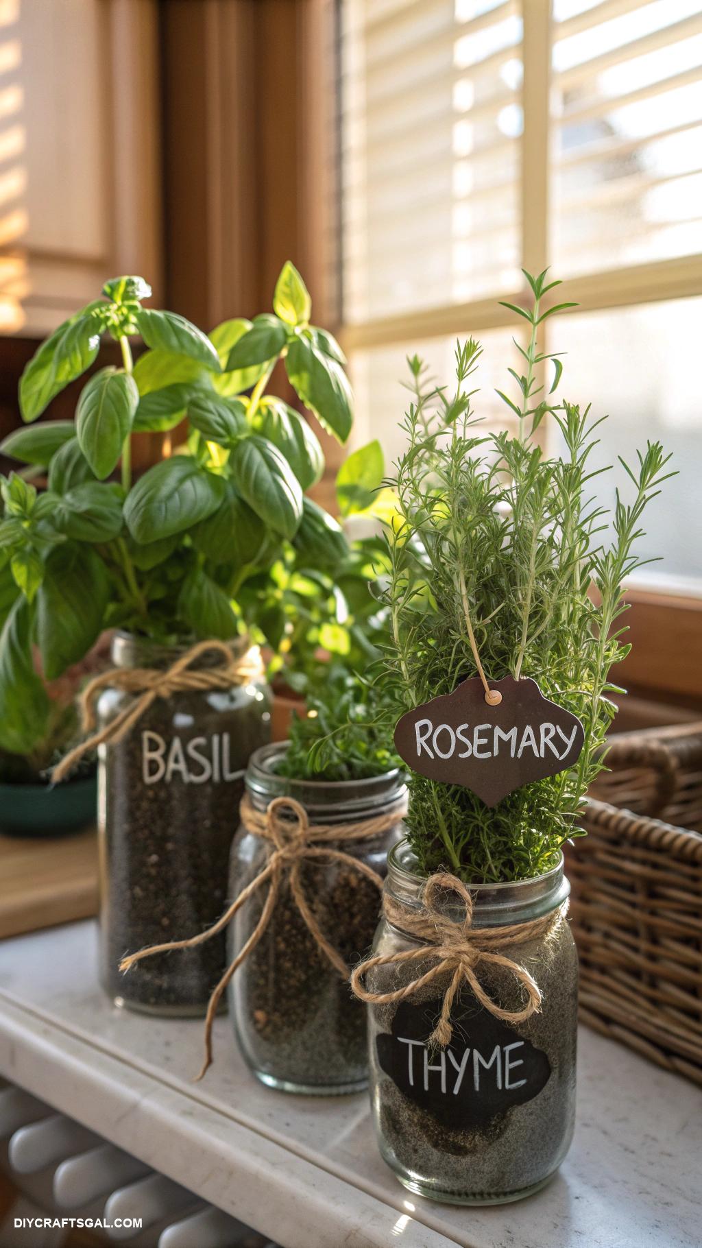 diy home decor ideas Mason jar herb garden for kitchen windowsill