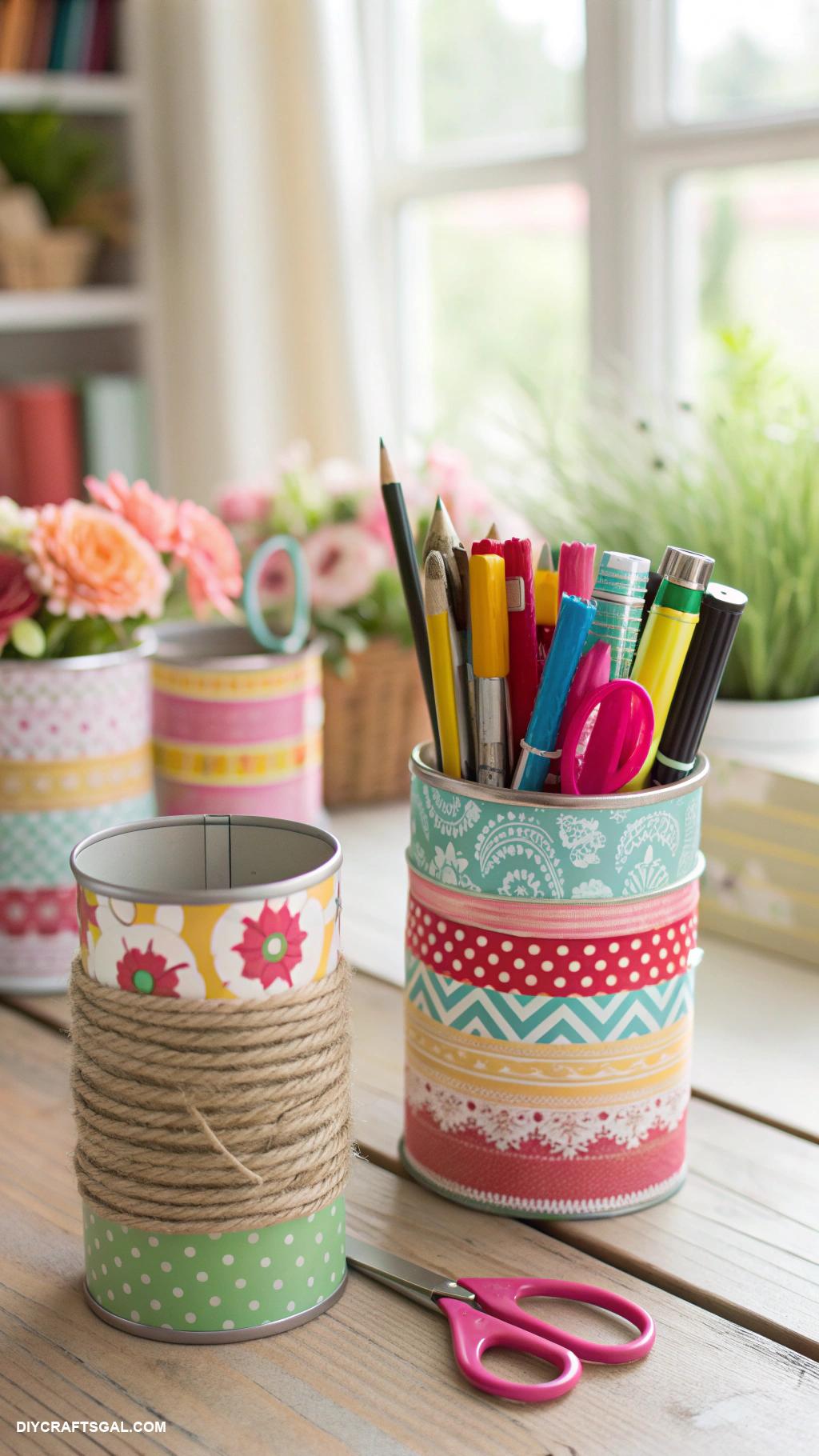 diy home decor ideas Upcycled tin cans for personalized desk organizers