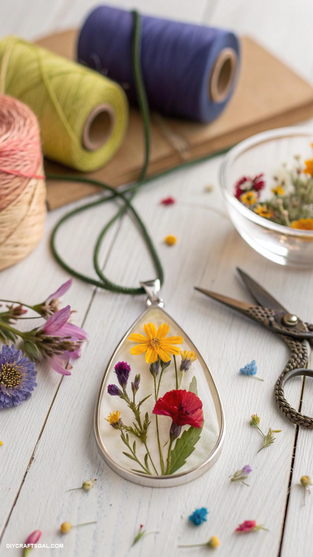diy jewelry ideas Resin embedded flower pendants
