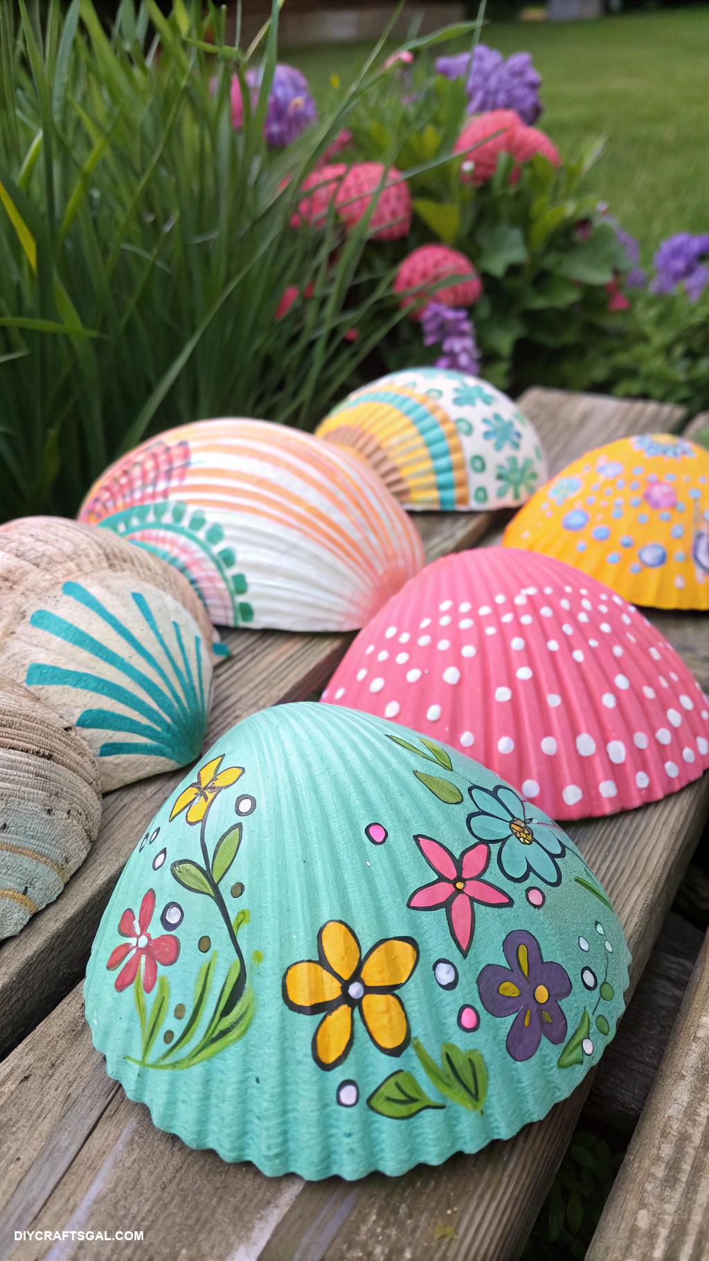 summer crafts for kids Painted seashells as garden decor