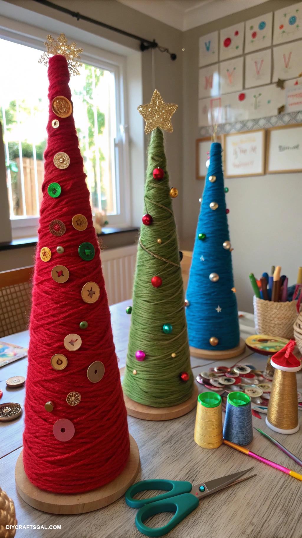 christmas crafts for kids Yarn wrapped Christmas trees