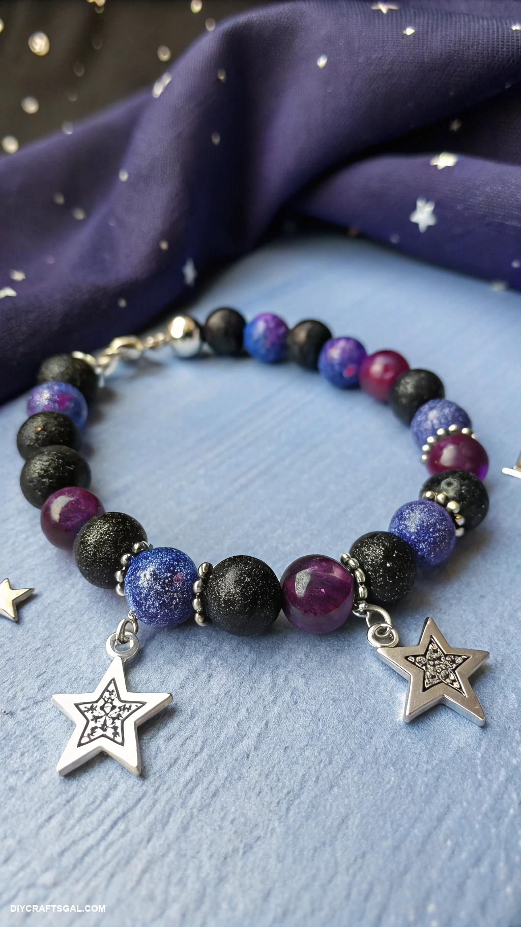 clay bead bracelet ideas Galaxy theme with metallic star beads