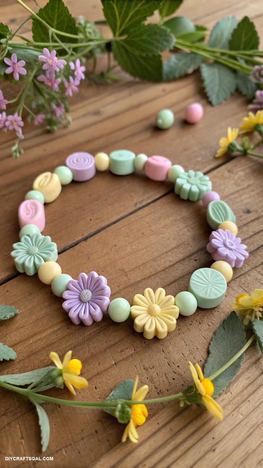 clay bead bracelet ideas Nature inspired floral bead arrangement