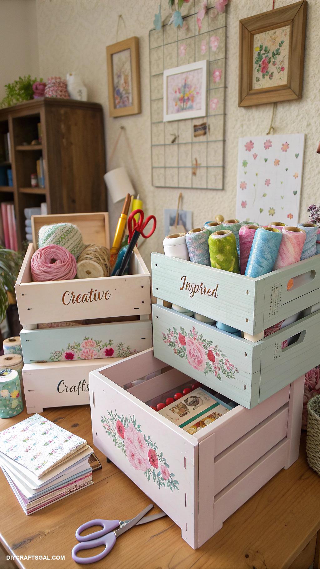 craft room decor Embellished wooden crates for storage