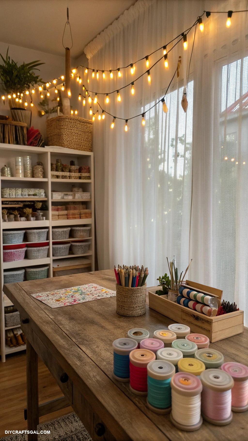 craft room decor String lights to illuminate workspace