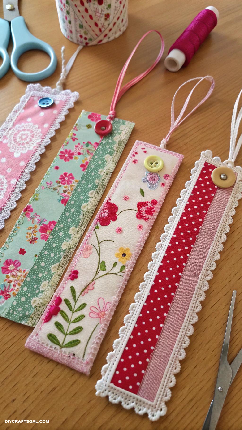 crafts for adults Fabric scrap bookmarks with embellishments