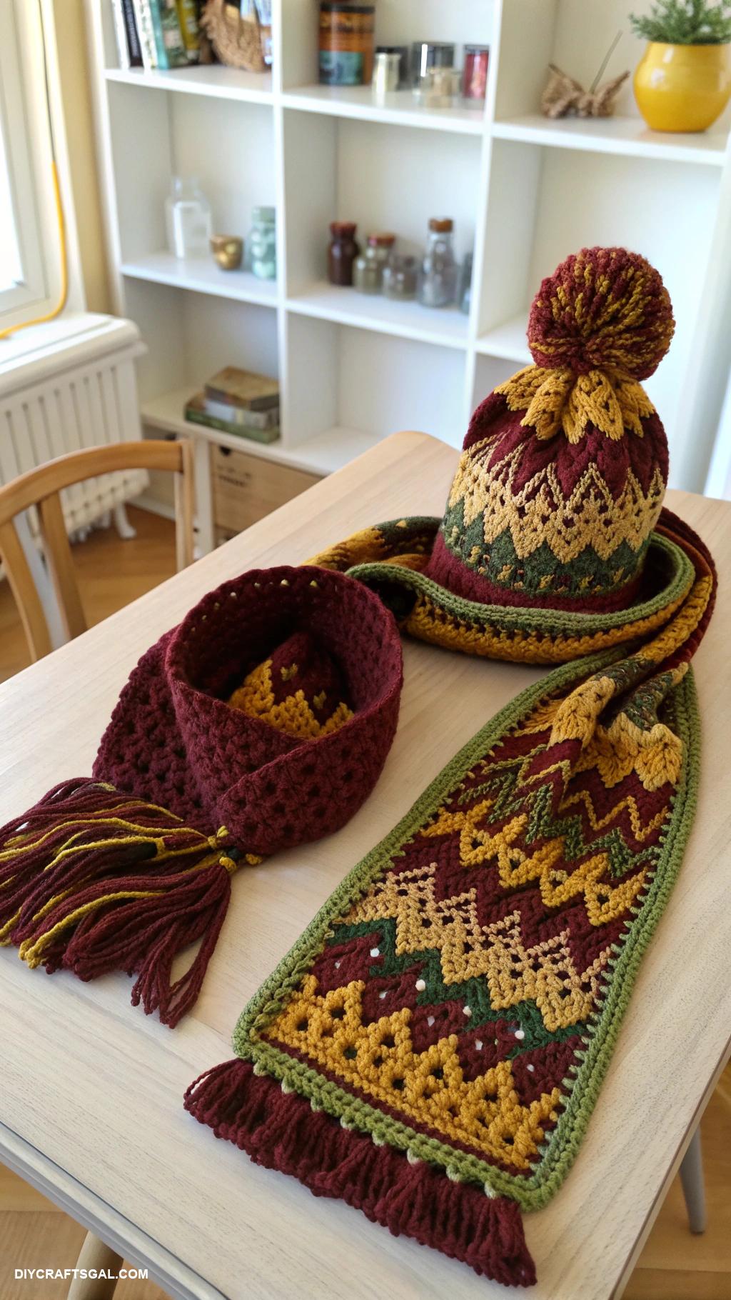 crochet clothes Patterned crochet scarf and beanie set