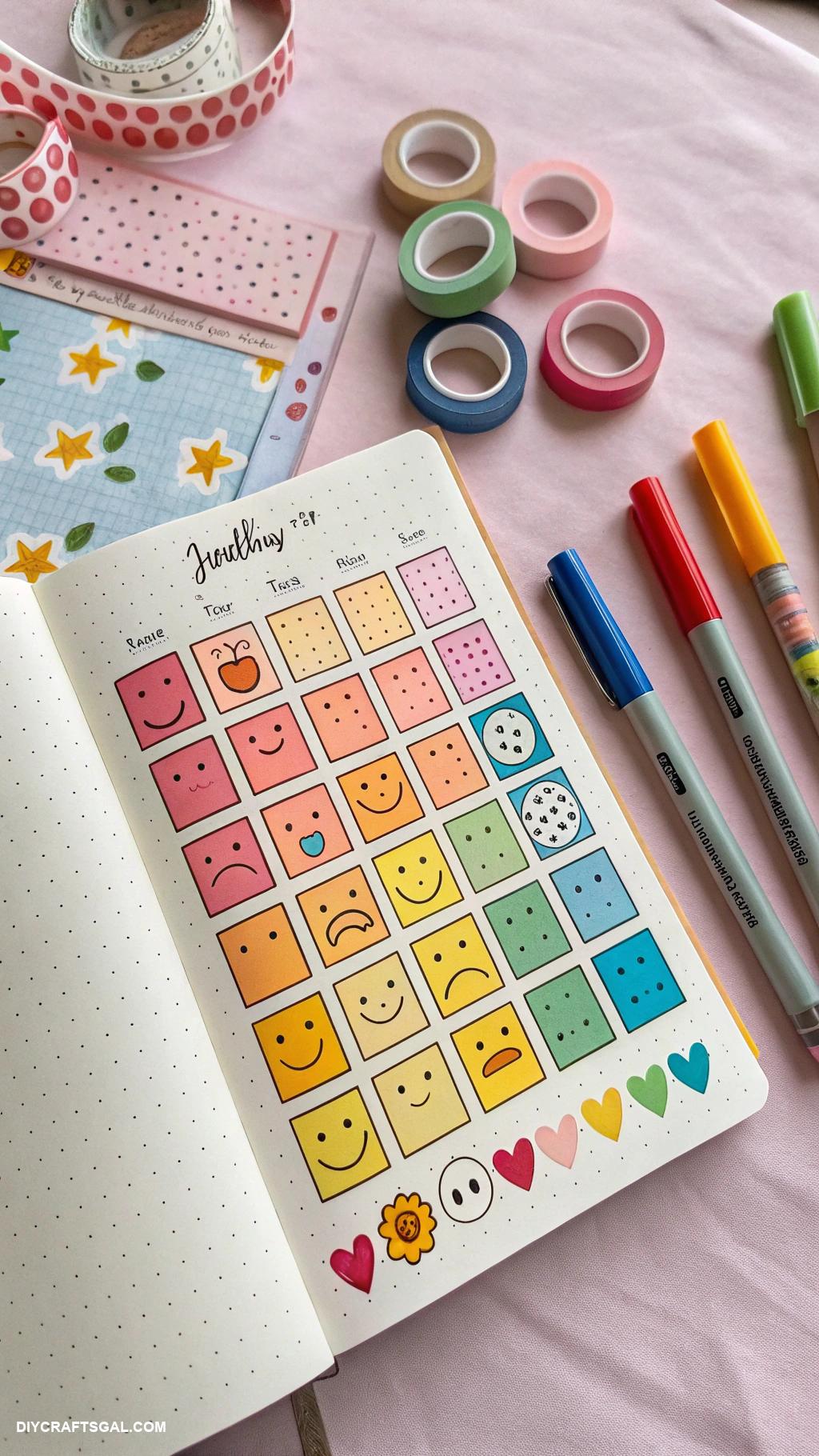 diy bullet journal ideas Monthly mood tracker with color coded emojis