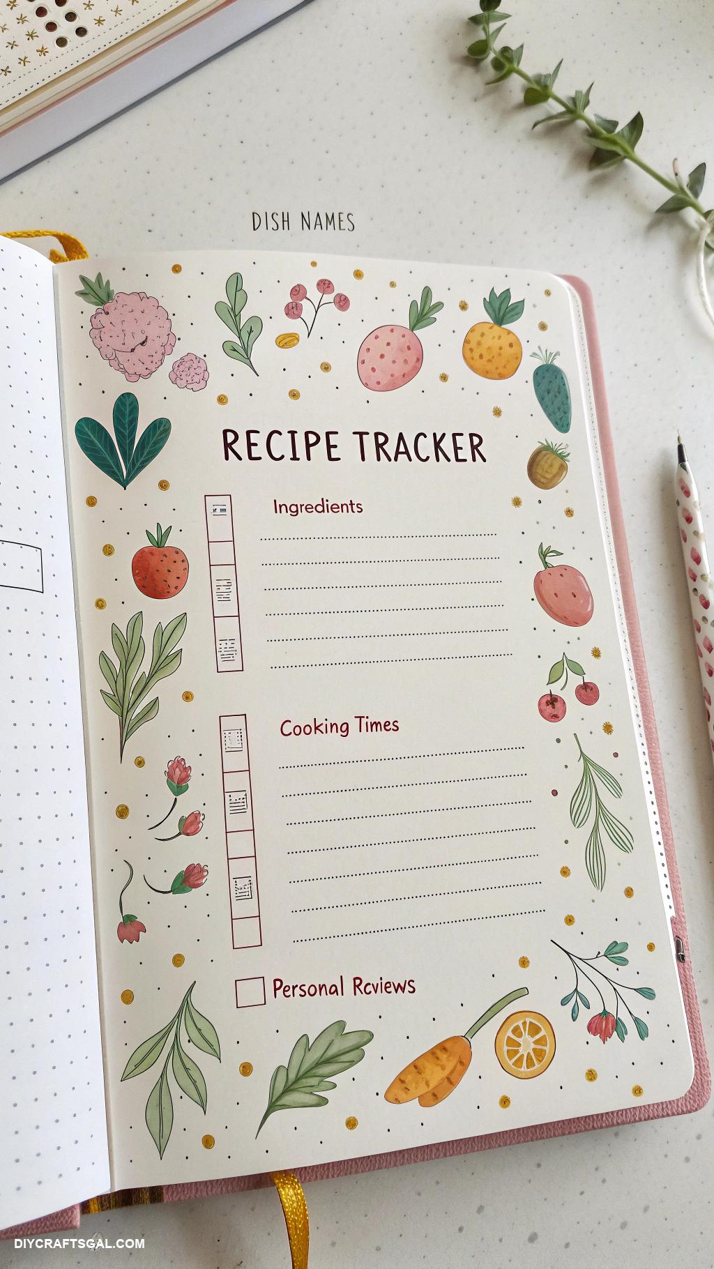 diy bullet journal ideas Recipe tracker for favorite dishes and reviews