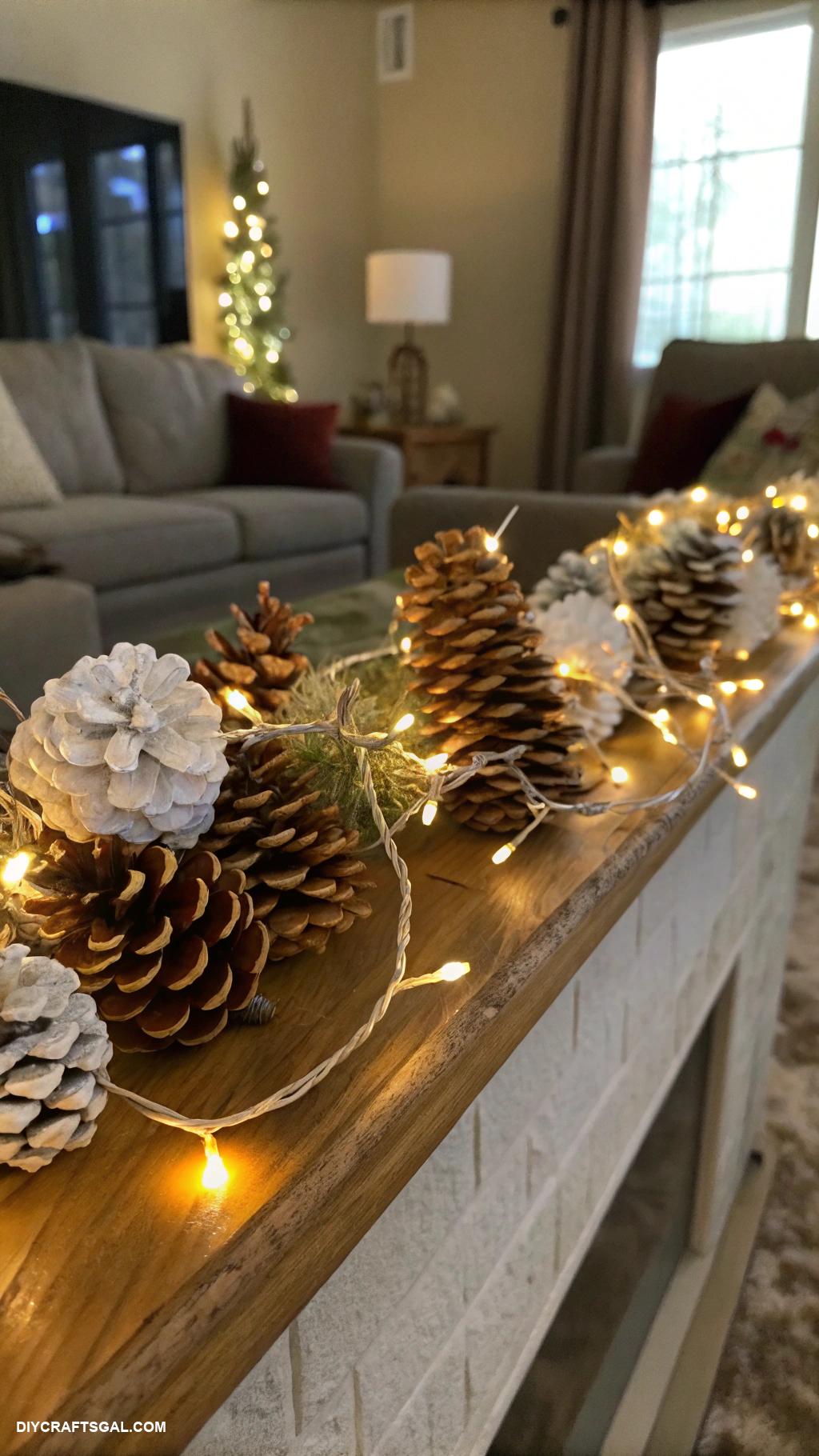 diy christmas home decor Pinecone garland with twinkling fairy lights