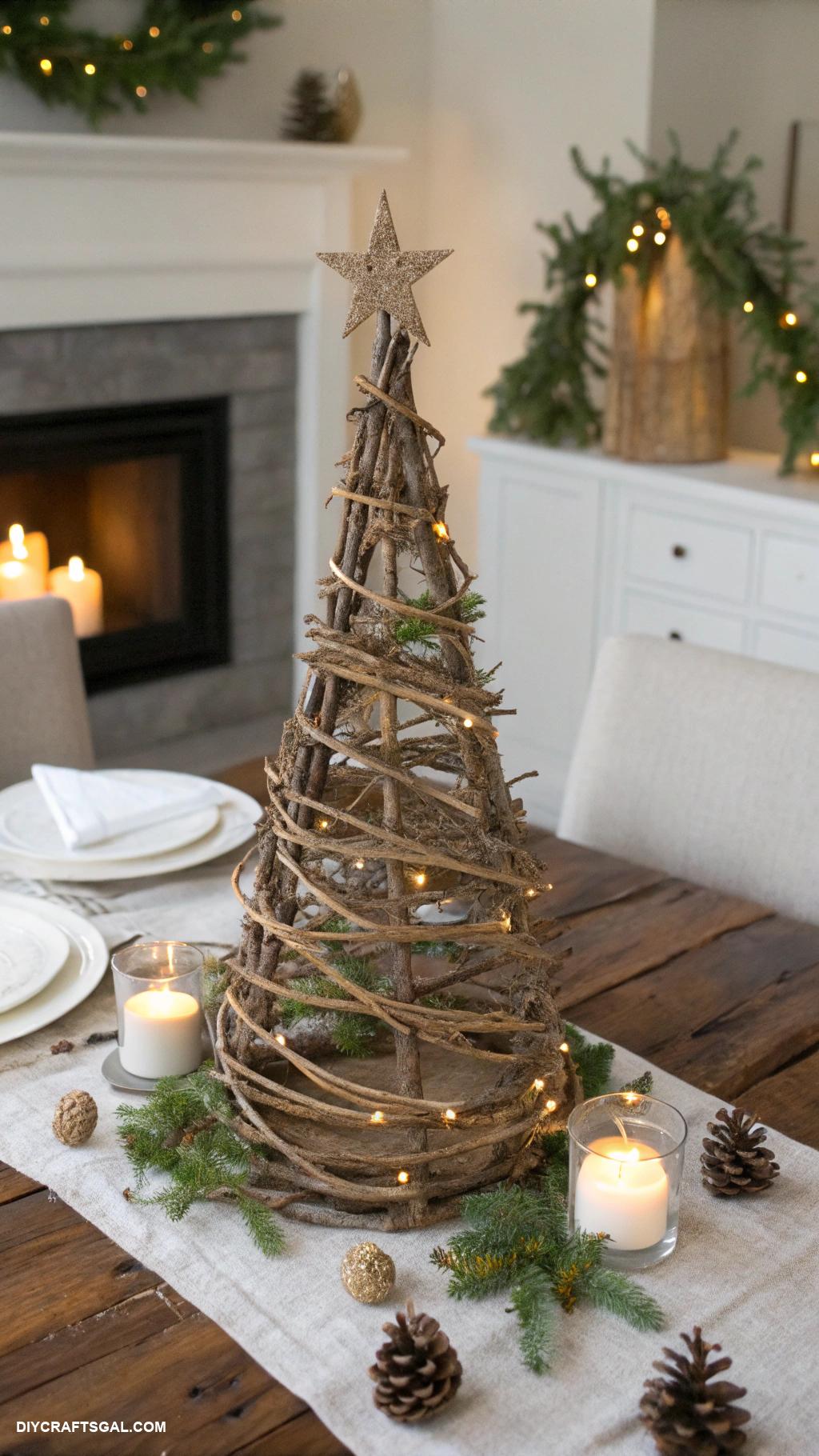 diy christmas home decor Rustic twig Christmas tree centerpiece