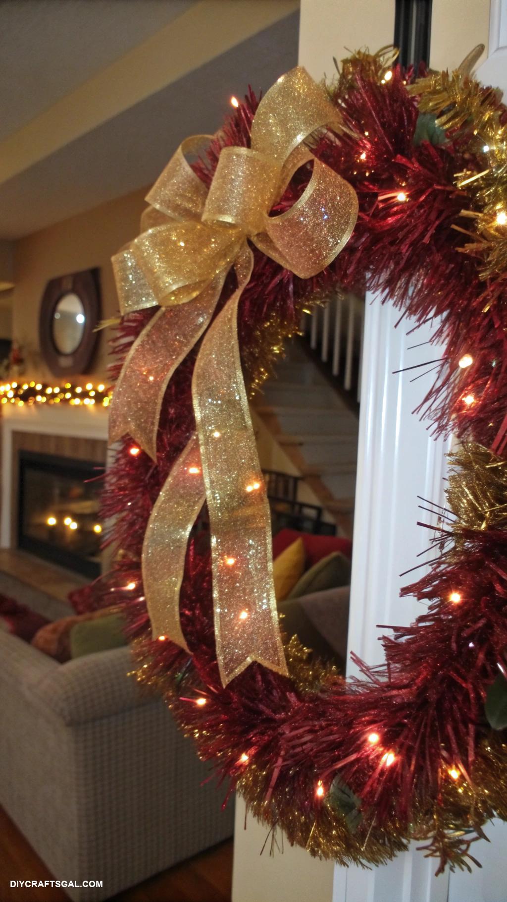 diy christmas home decor Tinsel wreath with decorative ribbons