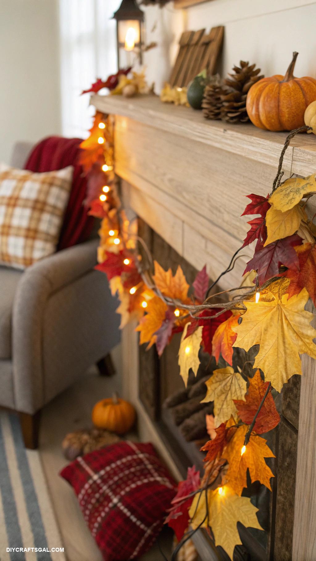 diy fall garlands Dried leaves with twinkling lights