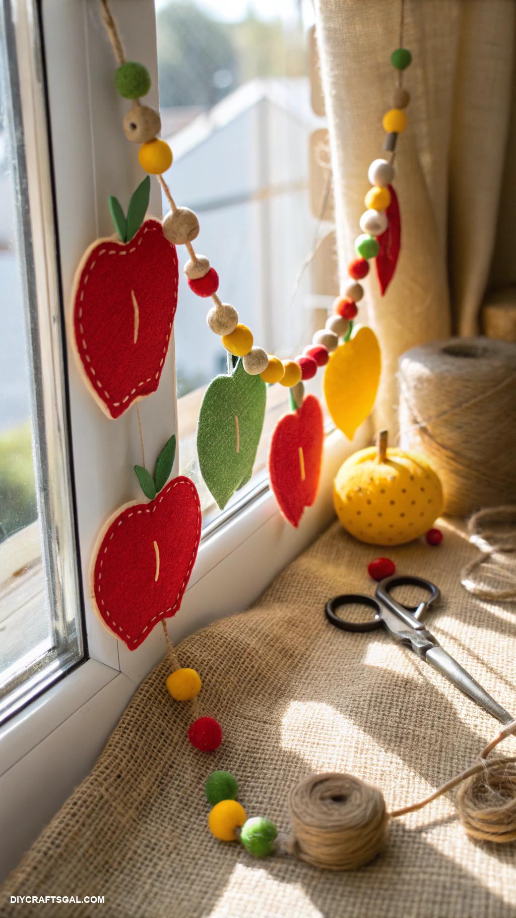 diy fall garlands Felt apple shapes and wood beads