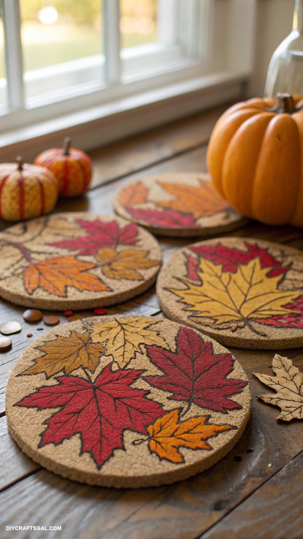 diy fall home decor Cork coasters decorated with fall foliage