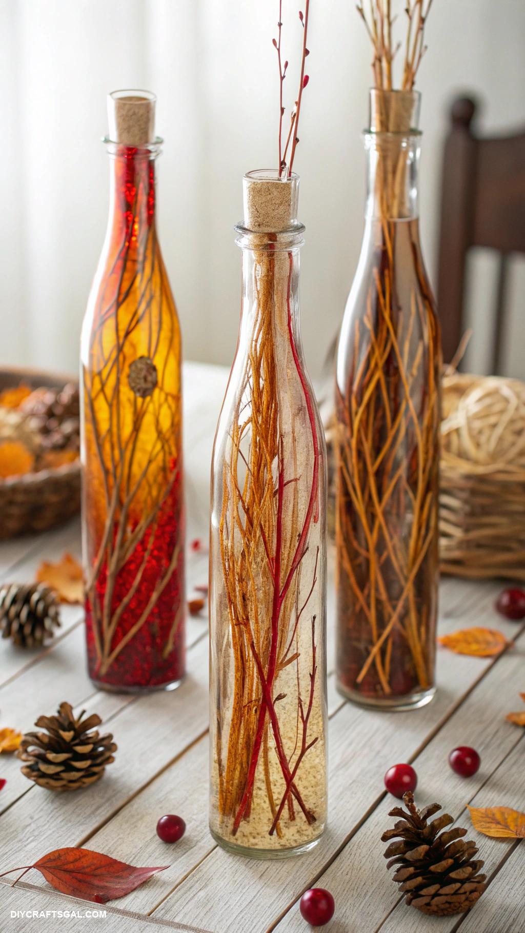 diy fall home decor Glass bottles filled with colored twigs