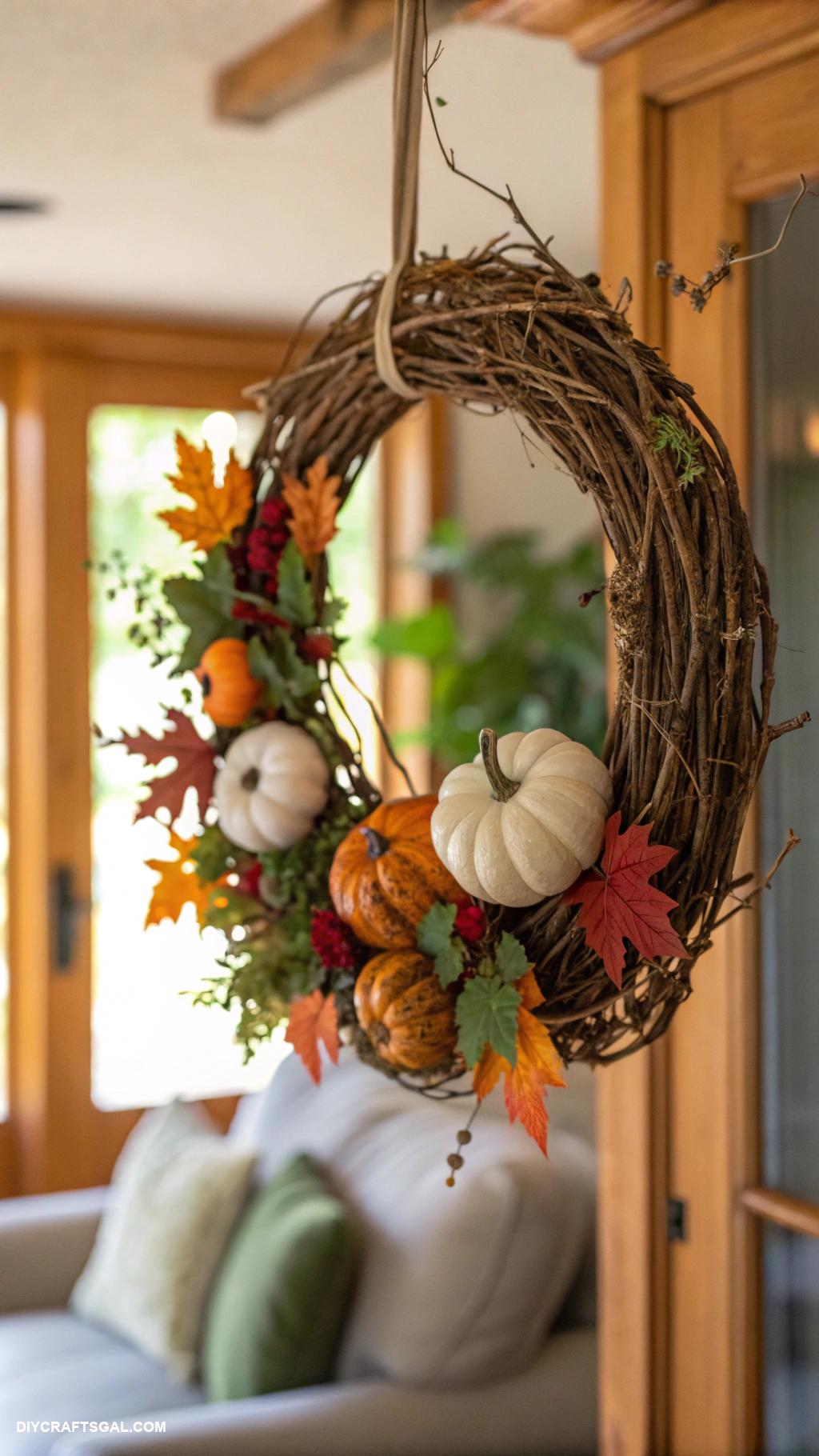 diy fall home decor Hanging twig wreaths adorned with mini pumpkins