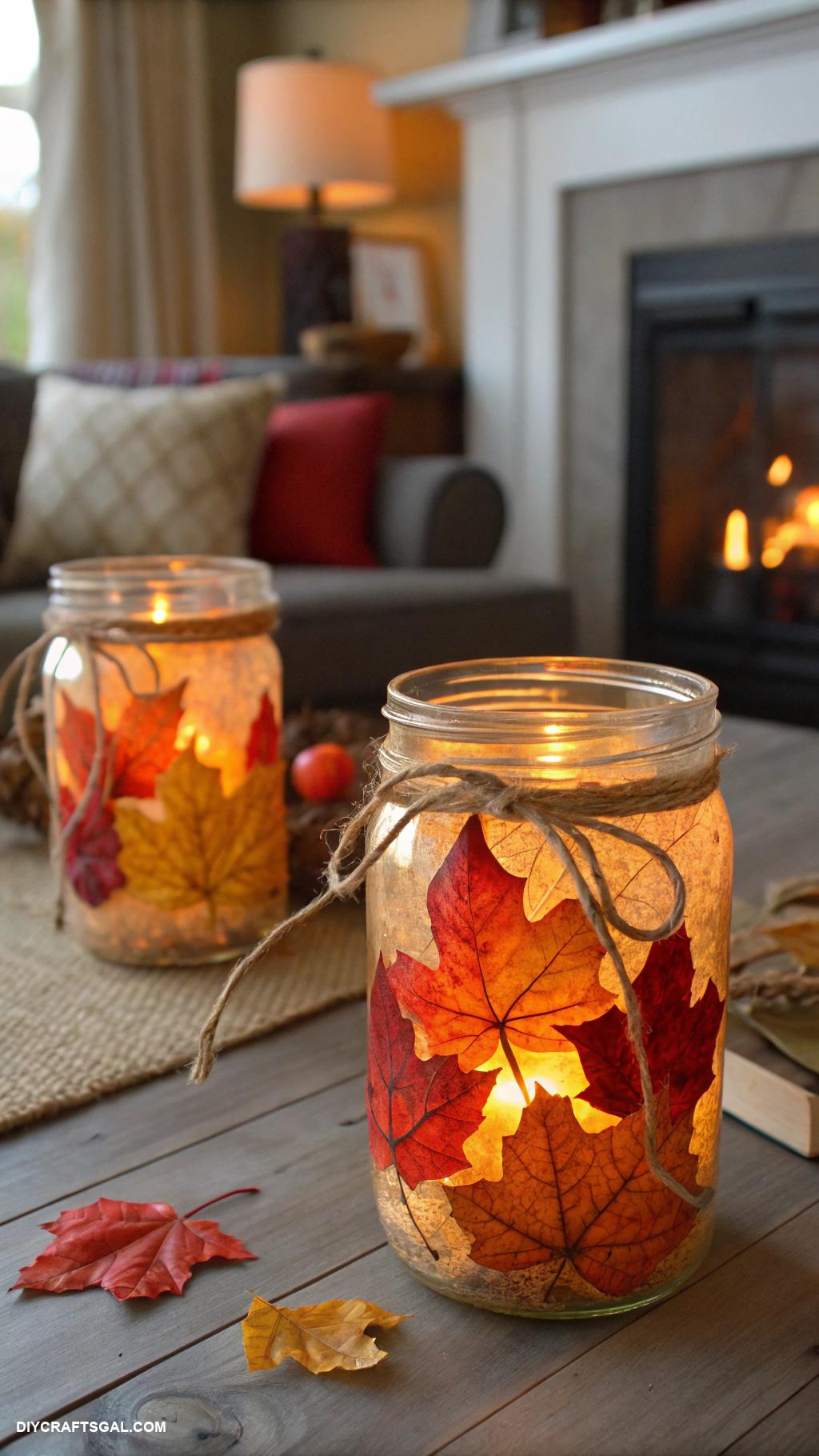 diy fall home decor Mason jar lanterns with autumn leaves