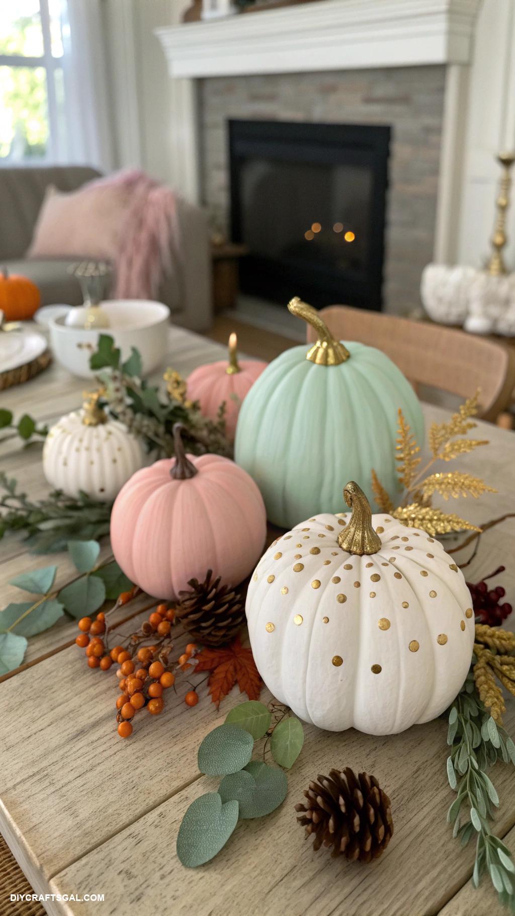 diy fall home decor Painted pumpkin centerpieces with natural accents