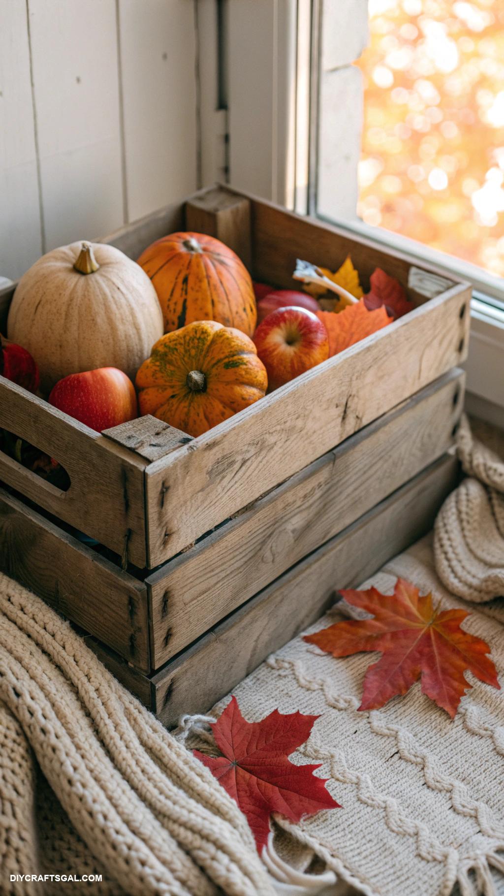 diy fall home decor Repurposed wood crate filled with seasonal produce
