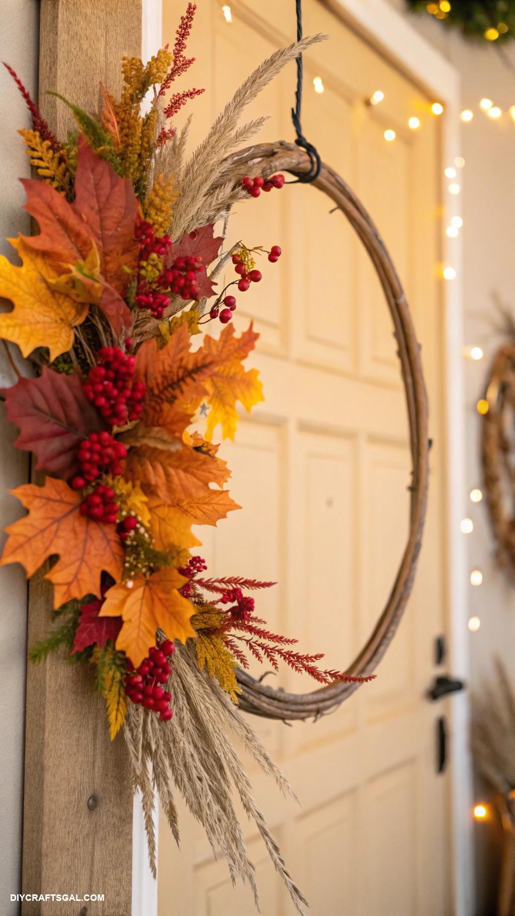 diy fall wreaths Wooden hoop with autumn foliage