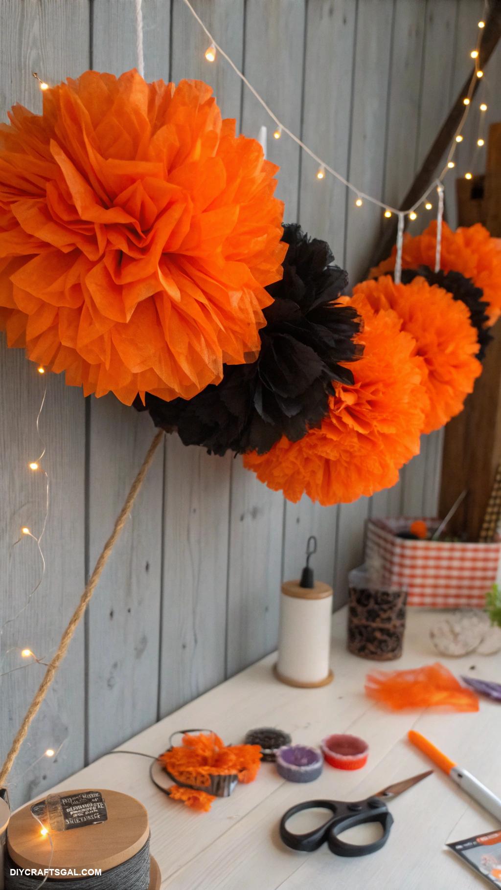 diy halloween garlands Orange and black paper pom poms