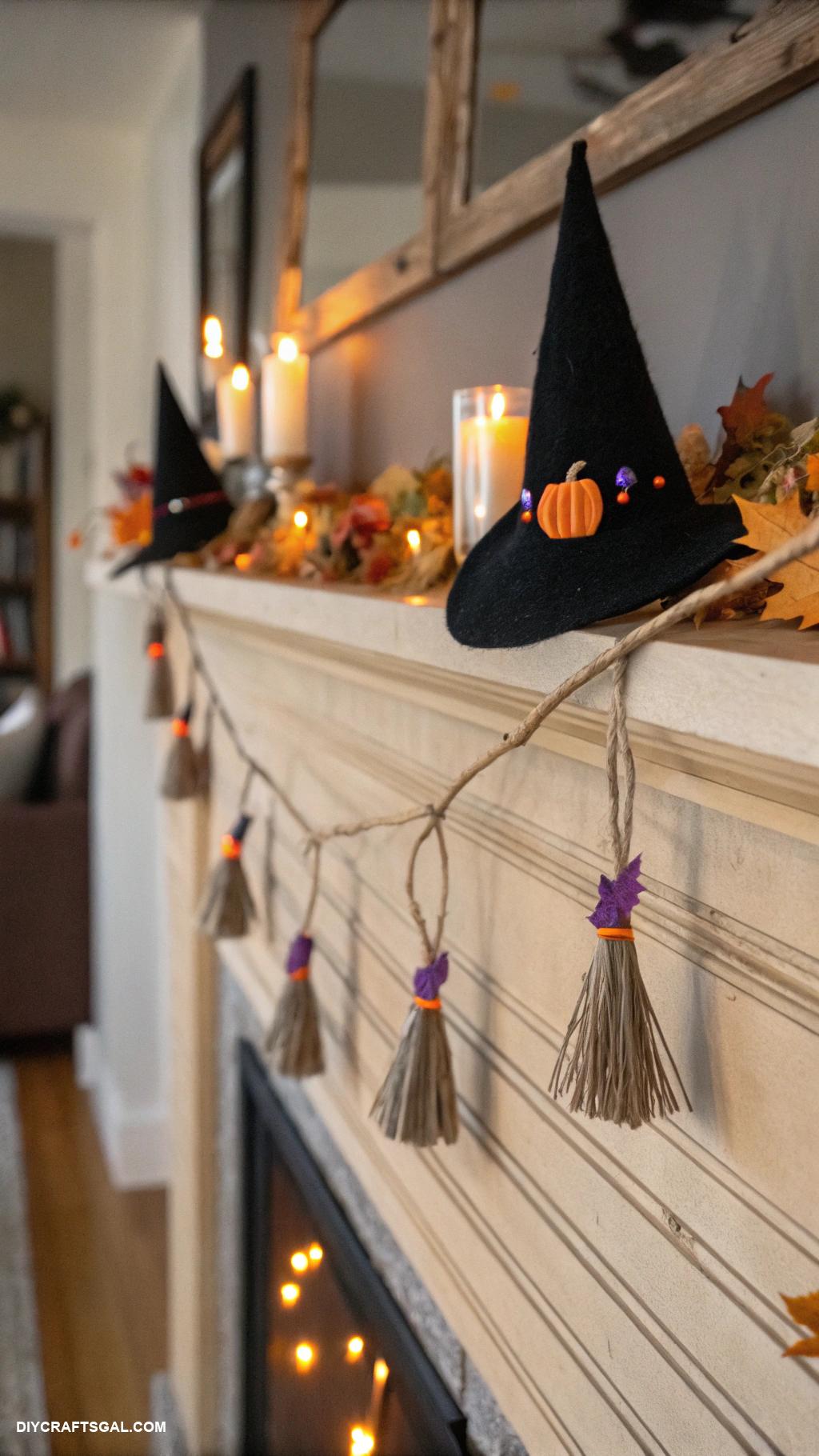 diy halloween garlands Witch hat and broomstick decorations