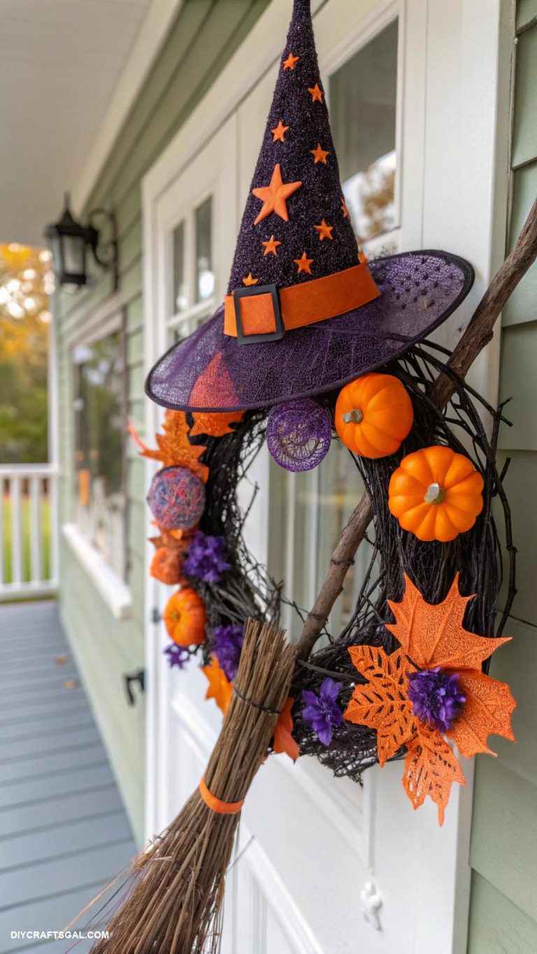 diy halloween wreaths Witchs Hat and Broom Wreath