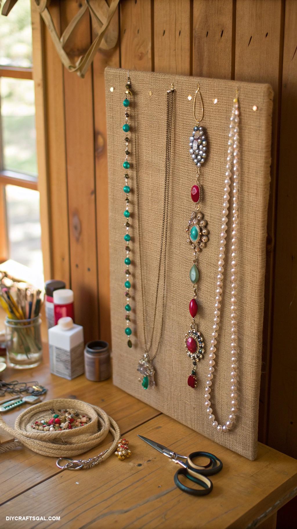 diy necklace holder Burlap board with push pins