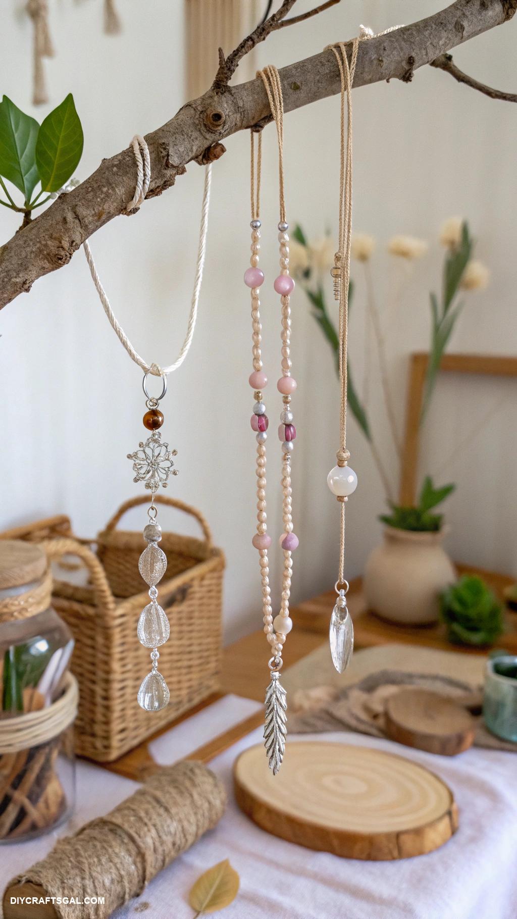 diy necklace holder Decorative branch hung with twine