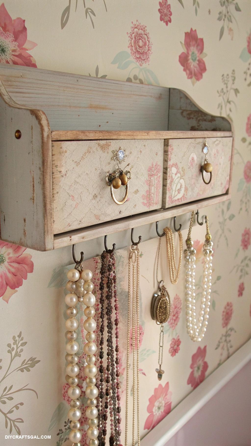 diy necklace holder Old drawer transformed into display