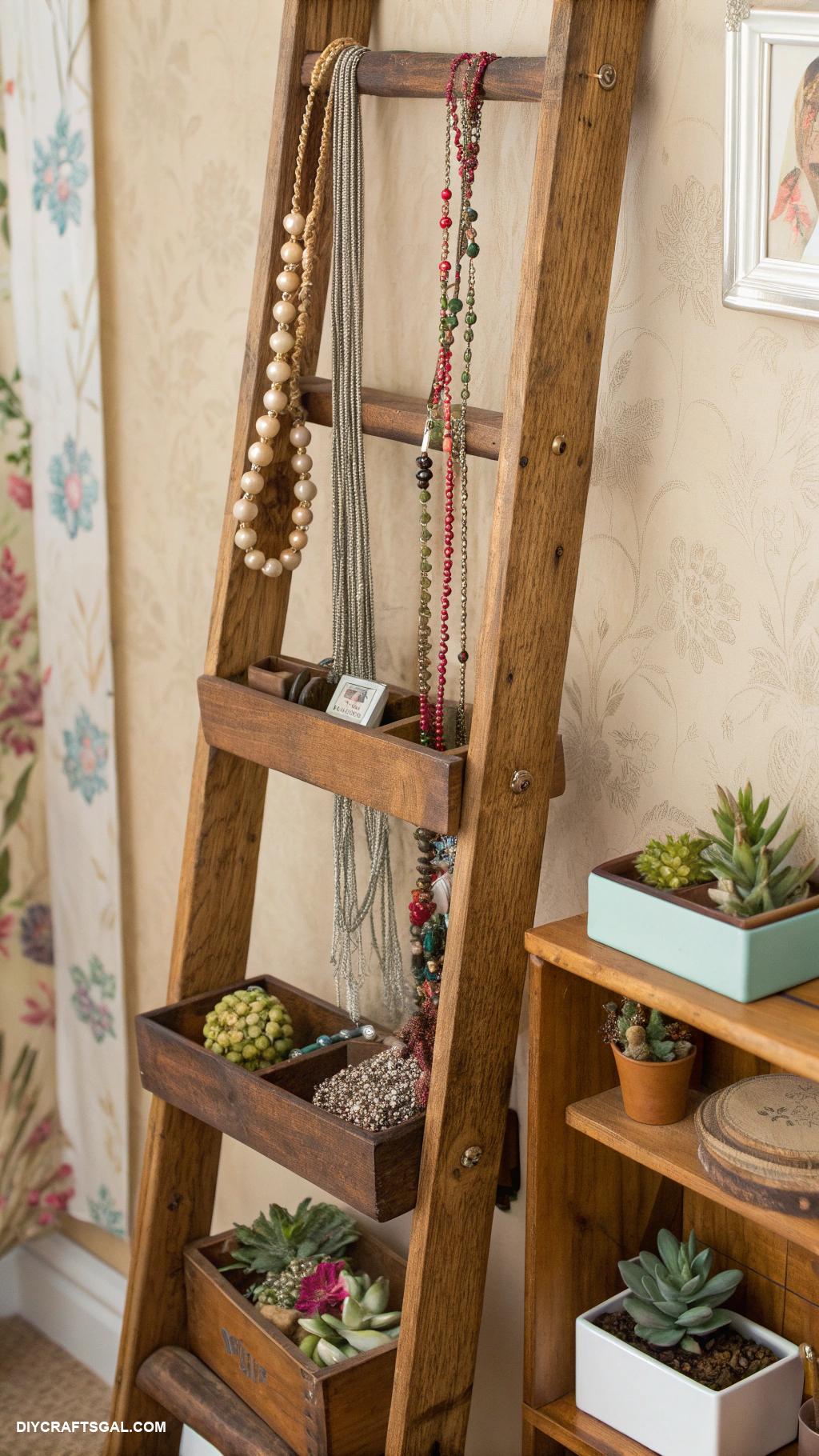 diy necklace holder Repurposed wooden ladder wall display