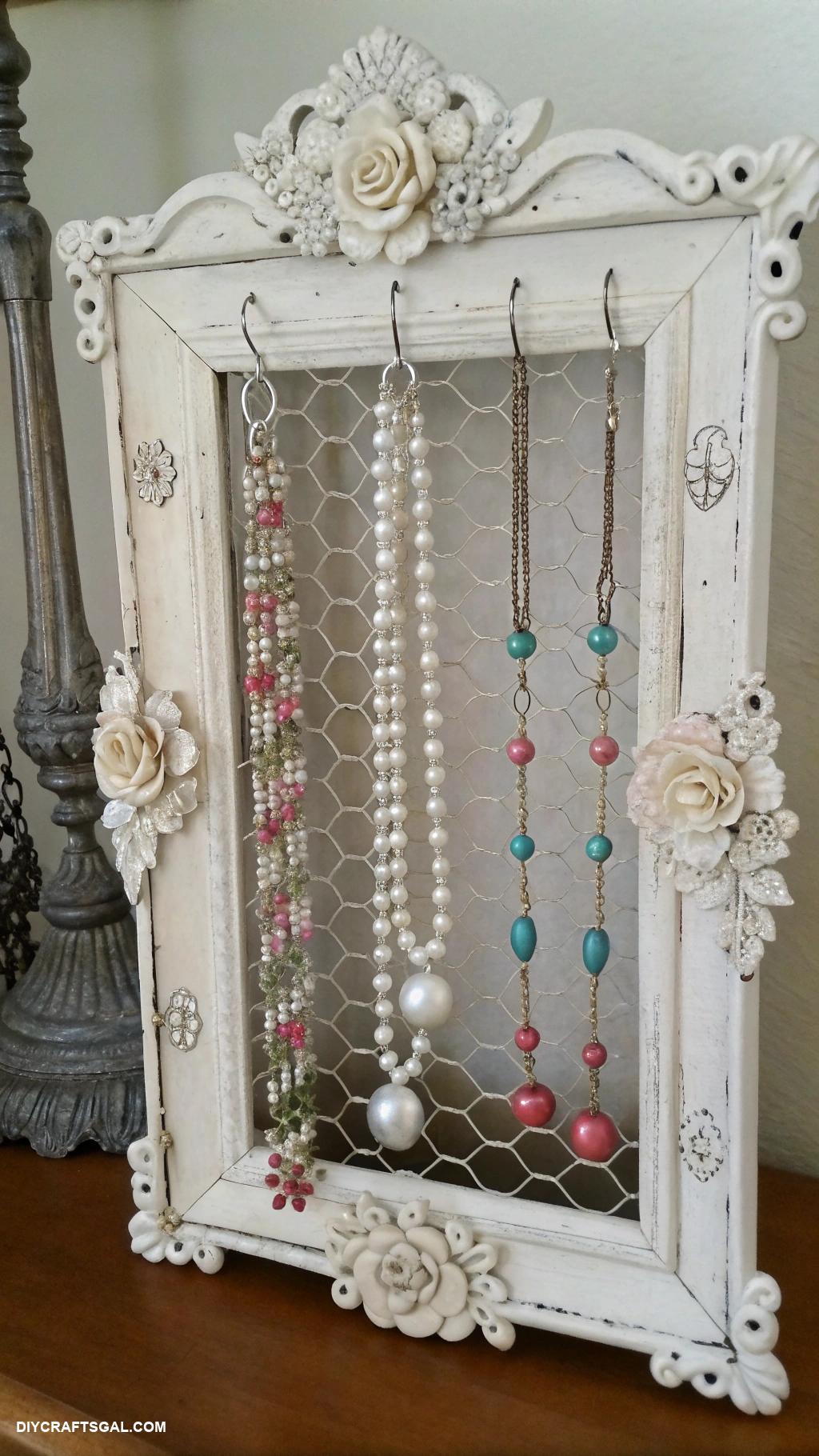 diy necklace holder Vintage frame with chicken wire backing