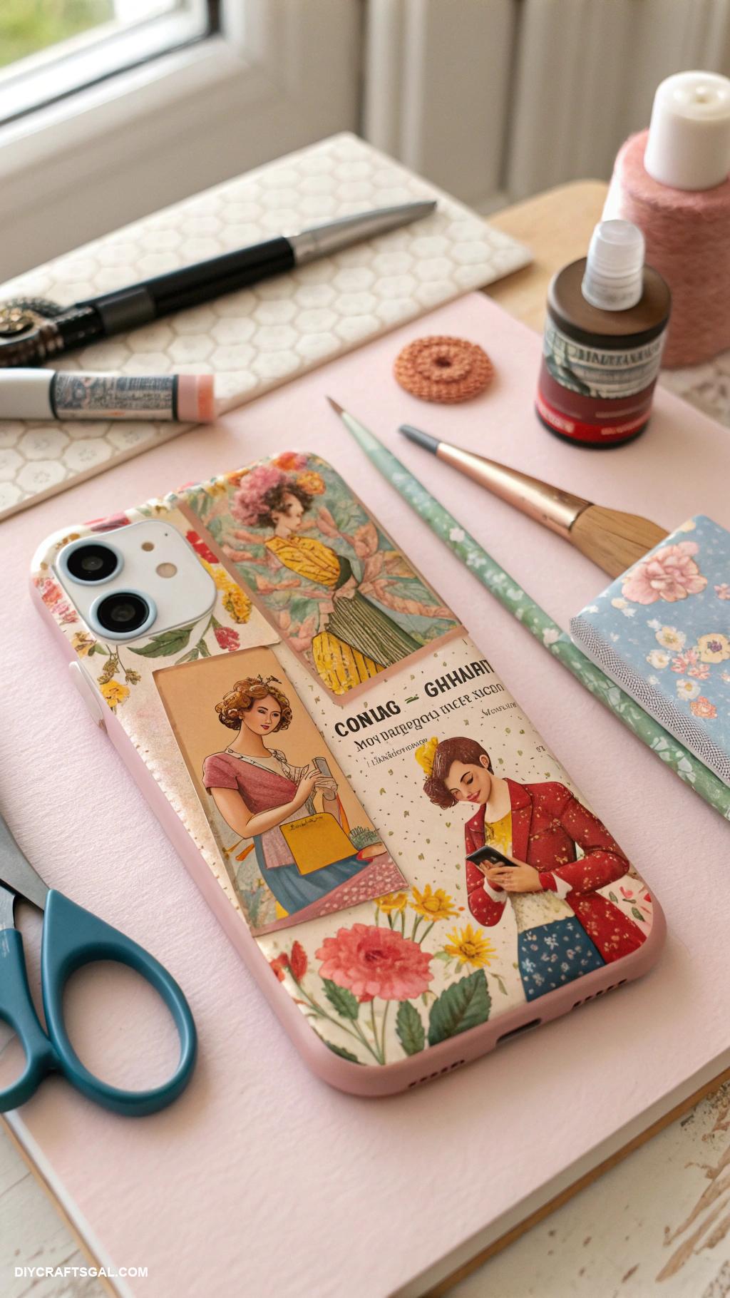 diy phone cases Decoupage vintage magazine cutouts on case