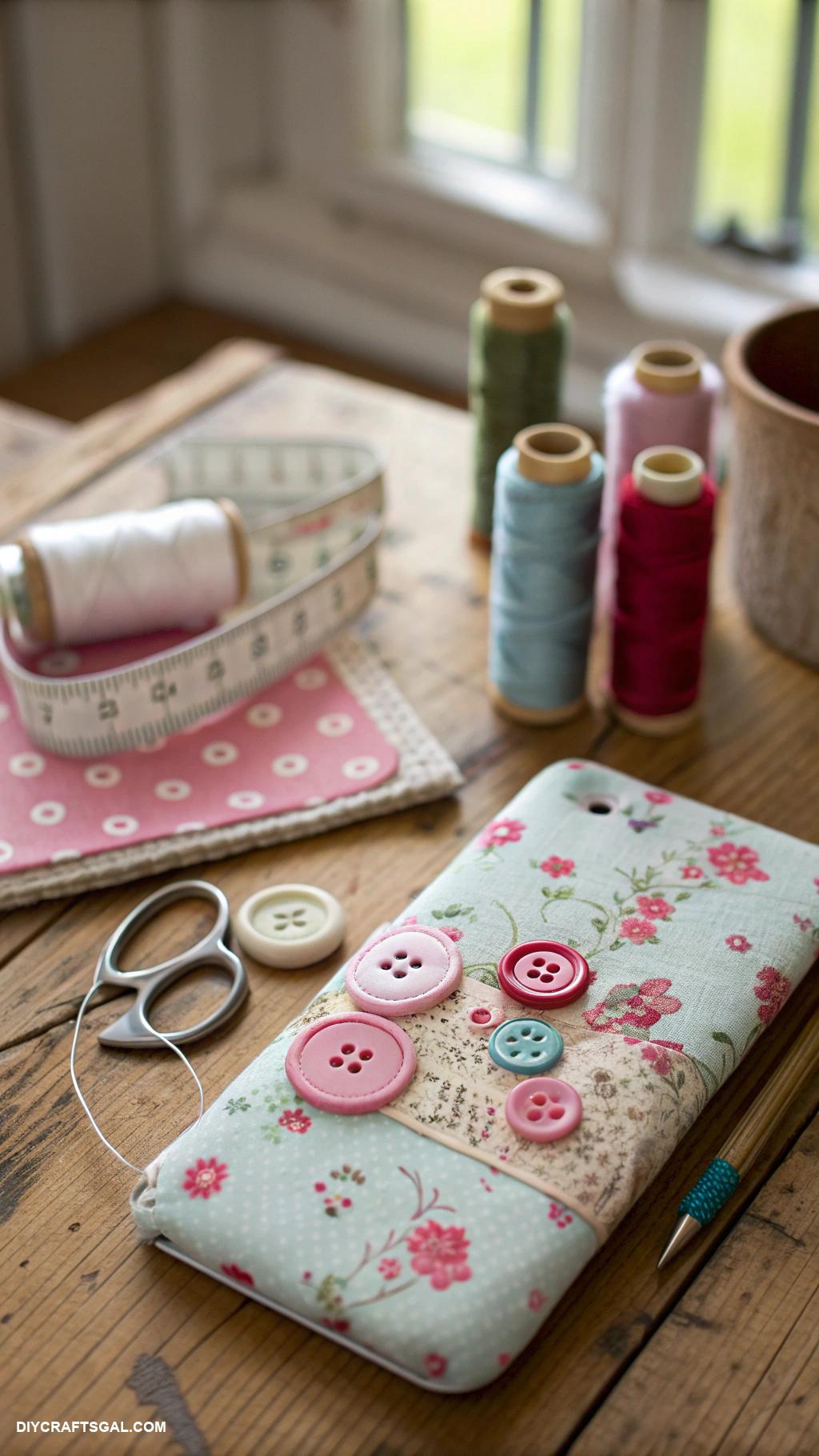 diy phone cases Fabric covered case with button embellishments