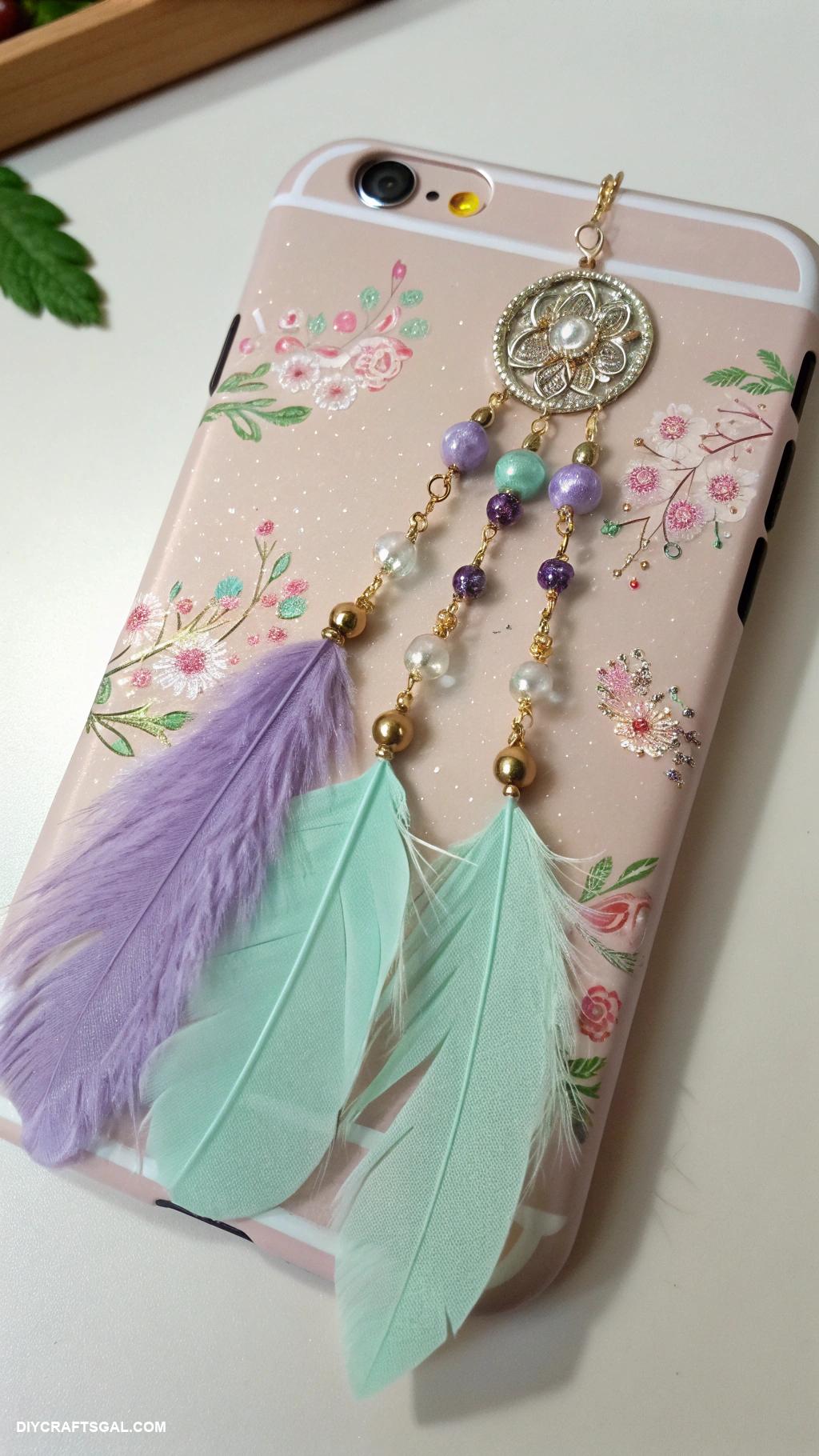 diy phone cases Feather and bead hanging decorations attached