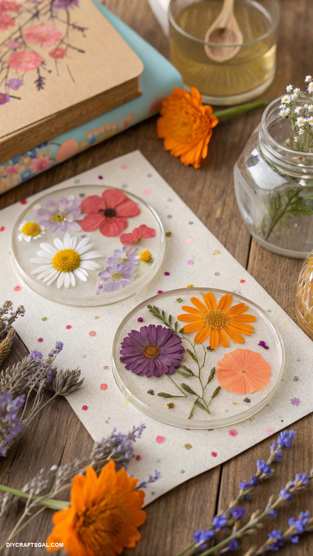 diy pressed flower art ideas Decorative coasters made from pressed petals