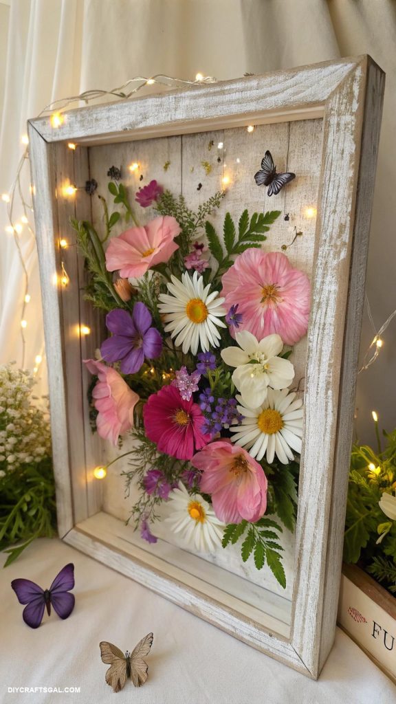 diy pressed flower art ideas Wall mounted floral display in shadow box