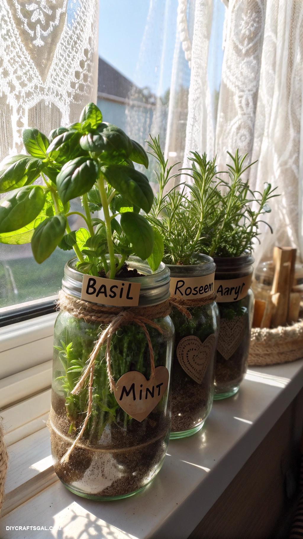diy room decor Mason jar herb garden on windowsill