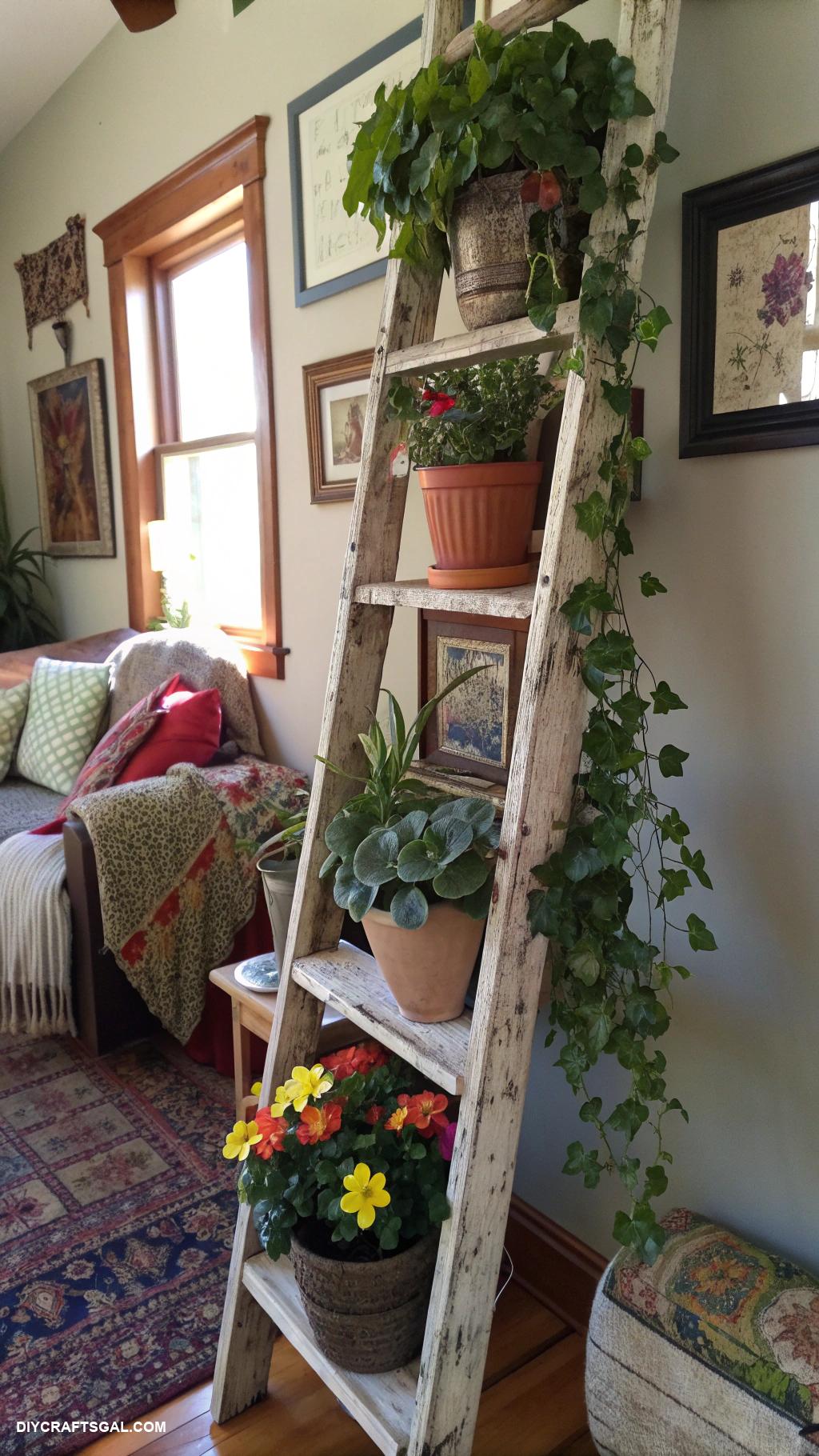 diy room decor Upcycled ladder as hanging plant display
